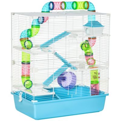 PawHut 23" Large Hamster Cage, Small Animal House, 5-Level Gerbil Haven, Tunnel Tube System, with Water Bottle, Exercise Wheel, Food Dish, Ramps, 2 Doors, Light Blue