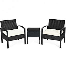 Costway 3 Pieces Outdoor Rattan Patio Conversation Set with Seat Cushions-White