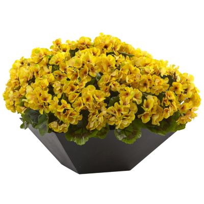 Nearly Natural Indoor/Outdoor Geranium with Black Planter UV Resistant, Yellow