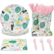 Blue Panda 144 Pieces Tropical Paper Plates, Napkins, Cups, Pink Cutlery for Hawaiian Luau Party Decorations (Serves 24)