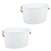 mDesign Large Metal 4.75 Gal. Beverage Tub Cooler, Bamboo Handles, 2 Pack, White