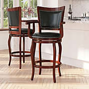 Merrick Lane Aletta Series 30" Cherry Wood Panel Back Bar Stool with Arms and Black Faux Leather Swivel Seat