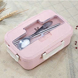 Wheat Straw Lunch Box with Stainless Steel Soup Spoon and Chopsticks Leak Proof Microwave Safe 1000ML - Pink
