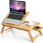 Gymax Bamboo Laptop Desk Adjustable Folding Bed Tray w/Drawer Heat Dissipation