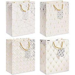 Sparkle and Bash Medium Gold and White Gift Bags with Handles for Wedding, Birthday, Bridal Shower (16 Pack)