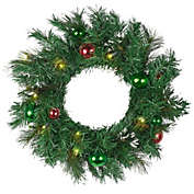 Holiday Wonderland Artificial Lighted Pine Christmas Decorated Wreath, Battery-Operated, 24"