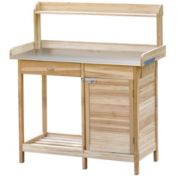 Outsunny Potting Bench Table with Storage Cabinet and Open Shelf, Garden Planting Workstation with Steel Tabletop, Natural Wood