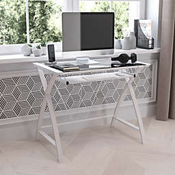 Emma + Oliver Clear Glass Computer Desk-White Pull-Out Keyboard Tray & White Crisscross Frame