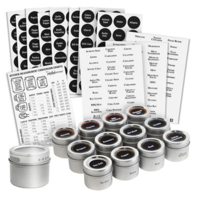 Talented Kitchen Set of 12 Magnetic Spice Jar Containers with Window-Top Sift and Pour Lids, 269 Preprinted Seasoning Label Stickers in 2 Styles for 3 oz Herb Tins