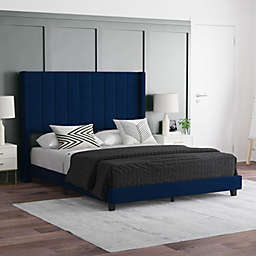 Emma and Oliver Margit Navy Velvet Upholstered Queen Platform Bed with Vertical Channel Stitch Detail and Engineered Wood Frame - No Box Spring Required