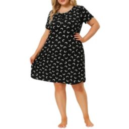 Agnes Orinda Women's Plus Pattern Nightgown for Women, Stretch Pattern Short Sleeve Round Neck Sleep Dress Sleepwear Sleepshirts Nightdress Regular Fit Gown Dress, Black, 3X