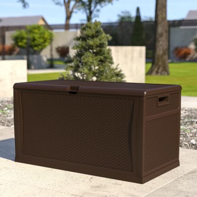 Flash Furniture Nobu 120 Gallon Plastic Deck Box - Outdoor Waterproof Storage Box for Patio Cushions, Garden Tools and Pool Toys, Brown