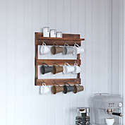 Merrick Lane Steeley Wooden Wall Mount 12 Cup Mug Rack Organizer with Upper Storage Shelf and Metal Hanging Hooks with No Assembly Required,  Rustic Brown