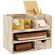 Farmlyn Creek 3 Tier Wood Desk Organizer with Drawer, Rustic Office Supplies (11.8 x 9.4 x 6.9 In)