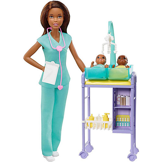 Alternate image 1 for Barbie Baby Doctor Playset with Brunette Doll, 2 Infant Dolls, Exam Table and Accessories