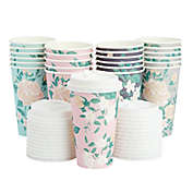 Blue Panda 24 Pack 16oz To Go Coffee Paper Cups with Lids, Vintage Floral Design (Pastel Colors, 4 Designs)