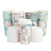 Blue Panda 24 Pack 16oz To Go Coffee Paper Cups with Lids, Vintage Floral Design (Pastel Colors, 4 Designs)