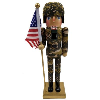 Army Solider with United States American Flag Wood Christmas Nutcracker 14 Inch
