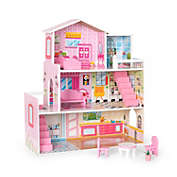 Robotime Big Wooden Dollhouse with Furniture - Play Set Gift for Kids, Girls - Pink