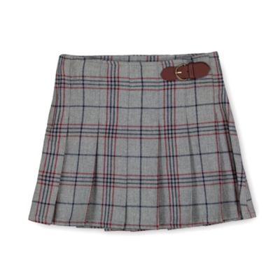 Hope & Henry Girls&#39; Pleated Skirt with Buckle Detail, Gray, Berry, and Navy Plaid, 3