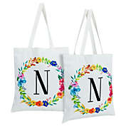 Okuna Outpost Set of 2 Reusable Monogram Letter N Personalized Canvas Tote Bags for Women, Floral Design (29 Inches)