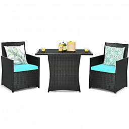 Costway 3 Pieces Patio Rattan Furniture Set with Cushion and Sofa Armrest-Turquoise