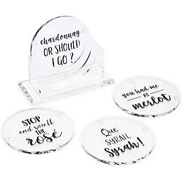 Juvale Clear Acrylic Coasters with Holder and Wine Puns (4 Inches, 4 Pack)