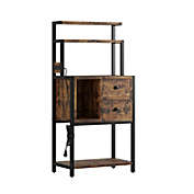 Idealhouse Rustic Brown Wood Bakers Rack with Power Outlet and 5-Tier Kitchen Storage Shelf