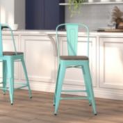 Flash Furniture 24" High Mint Green Metal Counter Height Stool with Back and Wood Seat