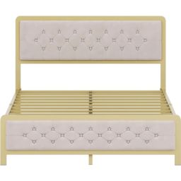 Idealhouse Beige Metal Frame Platform Bed with Button Tufted Headboard