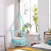 Slickblue Hanging Hammock Chair Macrame Swing Hand Woven Cotton Backrest-Turquoise