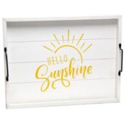 Elegant Designs "Hello Sunshine" Decorative Wood Serving Tray with Black Metal Handles, 15.5"L x 12"W - White Wash