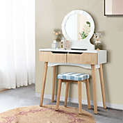Slickblue Dressing Table with Large Round Mirror and 8 Light Bulbs for Bedroom-Natural