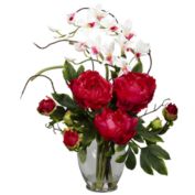 Nearly Natural 21.5" Red and White Peony and Orchid Silk Flower Arrangement in Vase