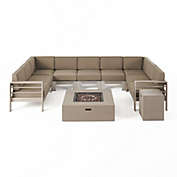 GDFStudio Denise Outdoor 9 Seater Aluminum U-Shaped Sofa Sectional and Fire Pit Set