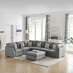 Contemporary Home Living Set of 7 Lava Gray Amira Fabric Reversible Modular Sectional Sofa with Ottoman and Pillows, 10'