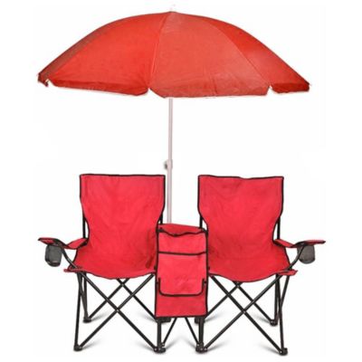 GoTeam Portable Double Folding Chair w/Removable Umbrella, Cooler Bag and Carry Case - Red
