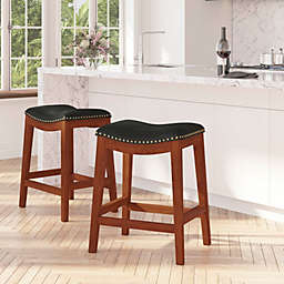 Merrick Lane Abel 26'' Backless Saddle Style Counter Stool Traditional Cherry Finish Wood Stool in Black Faux Leather with Nail Accent Trim