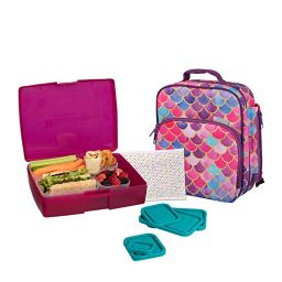 Bentology Lunch Bag and Box Set for Girls, 9 Pieces Total - Kids Insulated Lunchbox Tote, Bento Box, 5 Containers and Ice Pack - Mermaid