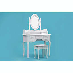 ViscoLogic Wooden Mirrored Makeup Vanity Table & Cushioned Stool Set - White