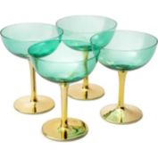 The Wine Savant Colored Coupe Art Deco Glasses, Gold   Set of 4   12 oz Classic Cocktail Glassware for Champagne, Martini, Manhattan, Sidecar, Crystal Speakeasy Style Goblets Stems, Elegantly Vintage Blue