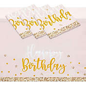 Sparkle and Bash Pink and Gold Plastic Party Tablecloth, Happy Birthday (54x108 In, 3 Pack)