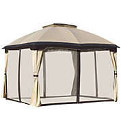 Outsunny 12&#39; x 10&#39; 2-Level Outdoor Gazebo Canopy Tent for Patio with Zippered Mesh Sidewalls, Solid Steel Frame, Arched Roof, Beige