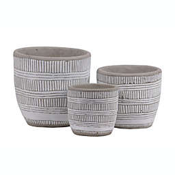 Urban Trends Collection Ceramic Round Pot with Banded Rim Top and Bottom, Embossed Lattice Lines Design, Irregular Body and Tapered Bottom, Painted Finish, White - Set of 3