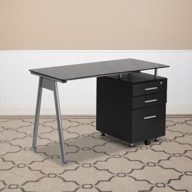Flash Furniture Singleton Black Glass Computer Desk with Three Drawer Pedestal. View a larger version of this product image.