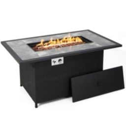 Costway 52 Inch Rattan Wicker Propane Fire Pit Table with Rain Cover and Lava Rock-Black