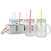 Deco Glass Drinking Mason Jar Cups with Handle & Wooden Carrier with Reusable Straws, Lids & Handles Set of 6, 16oz