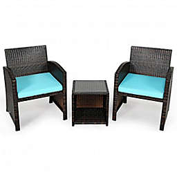 Costway 3 Pieces PE Rattan Wicker Furniture Set with Cushion Sofa Coffee Table for Garden-Turquoise