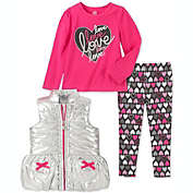 Kids Headquarters Little Girl&#39;s 3 Pc Metallic Vest Love Top & Printed Leggings Set Pink Size 6X
