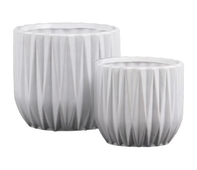 Urban Trends Collection Ceramic Cylindrical Pot with Embossed Diamond Design Body, Patterned Lips and Matte Finish, White - Set of 2